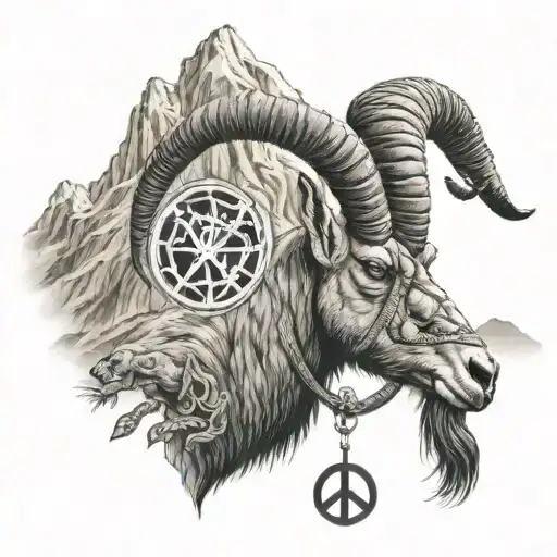 Ibex With Mountains And Peace Sign And A Scorpion