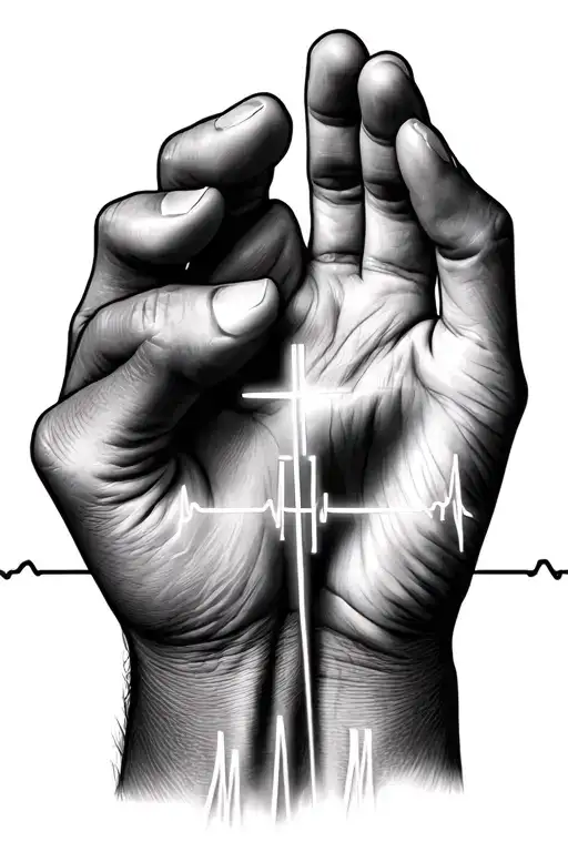 Small Hand With Access And Holding Large Hand With Cross And Ekg Line