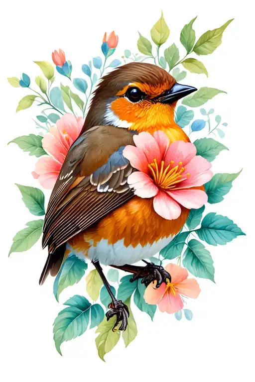 Robin Bird And Flowers