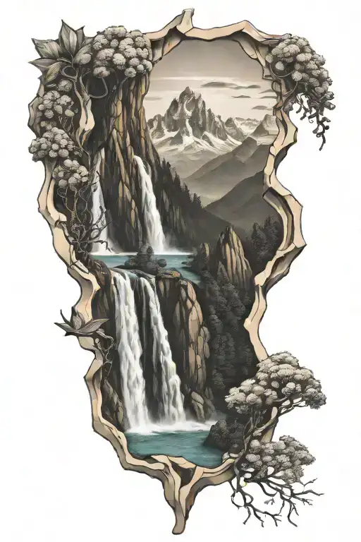 Mountains And Waterfall Inside Honeycomb Pattern