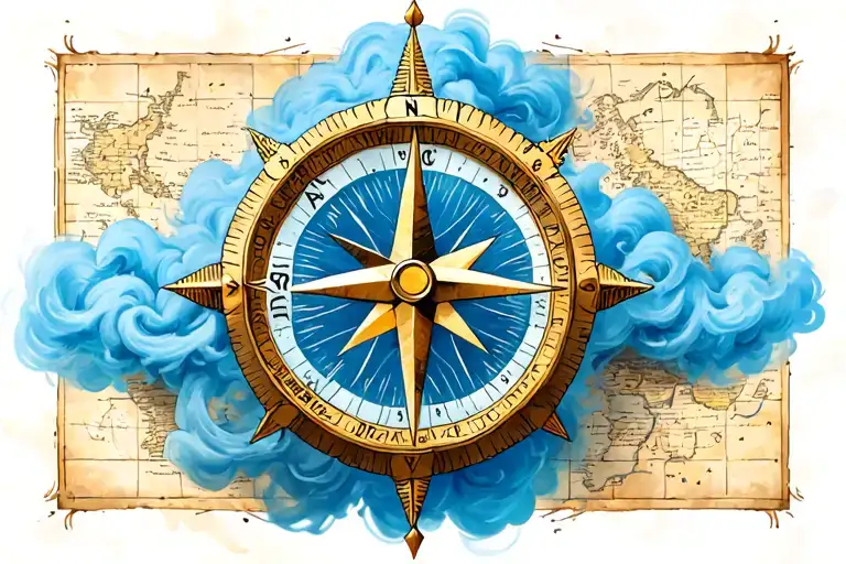 Compass Rose From Treasure Map With A Blue Cloud Of Smoke Behind It