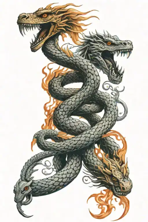 A Hissing Cobra Intertwined With A Fire Breathing Dragon And A Phoenix Rising Behind Them