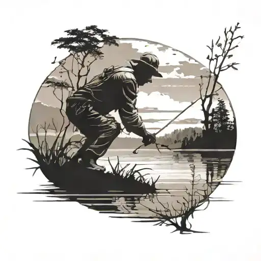 A Detailed Silhouette Of A Fisherman Casting A Line Into A Serene Lake