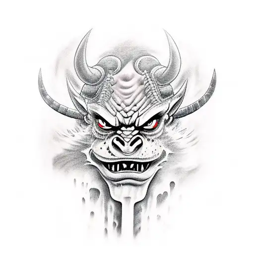 A Realistic Oni Demon Mask And A Katana Behind