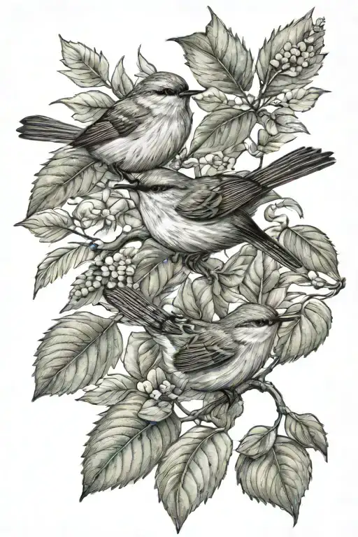 Three Wrens Flying With Leafy Branch Background