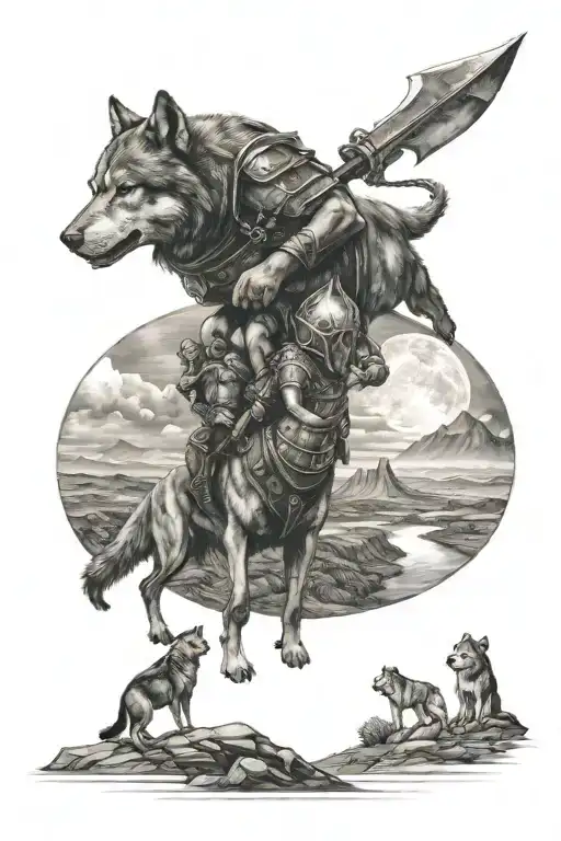 Landscape With Gladiator 5 Wolves And Moon