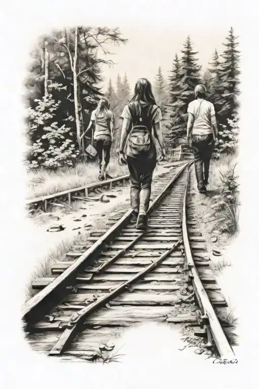 Man And Woman 2 Girls Walking Down A Train Track Into The Forest