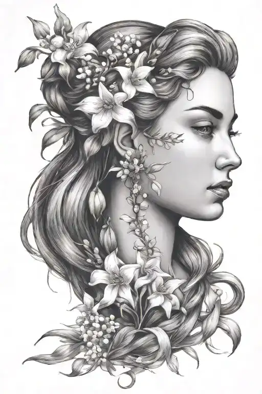 Maia Greek Goddess Side Profile Head To Shoulders With Lily Of The Valley Flowers