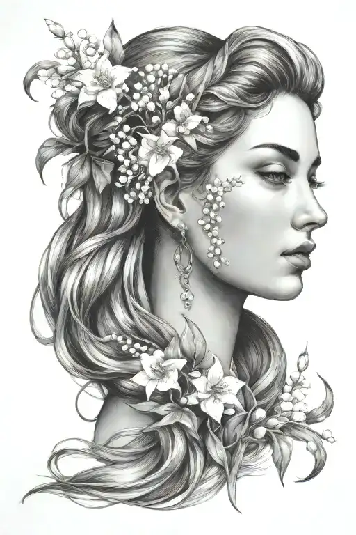 Maia Greek Goddess Side Profile Head To Shoulders Hair Updo With Lily Of The Valley Flowers