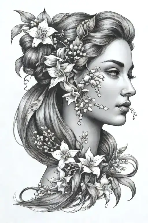 Maia Greek Goddess Side Profile Head To Shoulders With Hair Up With Lily Of The Valley Flowers