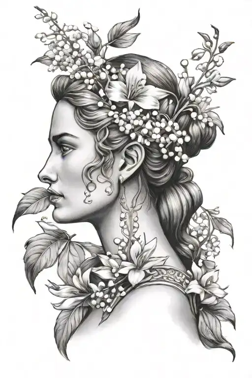 Maia Greek Goddess Side Profile Head To Shoulders With Hair Up With Lily Of The Valley Flowers