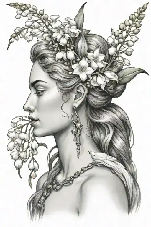 Maia Greek Goddess Side Profile Head To Shoulders With Hair Up With Lily Of The Valley Flowers