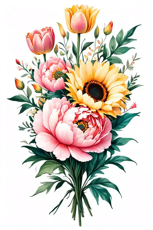 Bouquet Of Peony And Tulip Flowers And A Sunflower