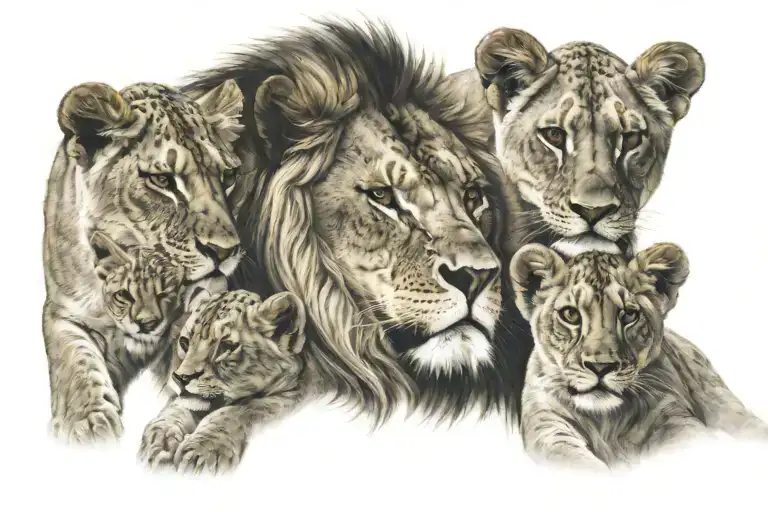 Lion Lioness And Cubs