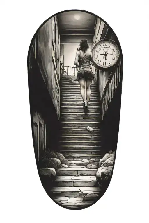 Woman Running Up Stairs Leading To Sandtimer