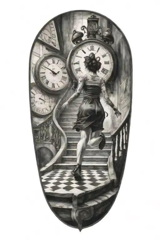 Scary Womam Running Up Stairs To A Clock On A Chess Board