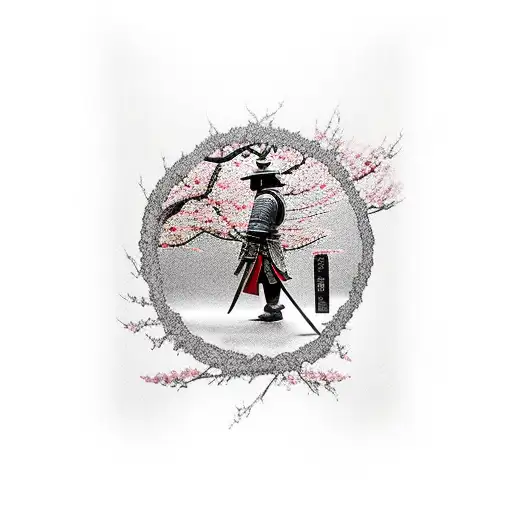 Samurai Walking Down Brick Path With Cherry Blossoms