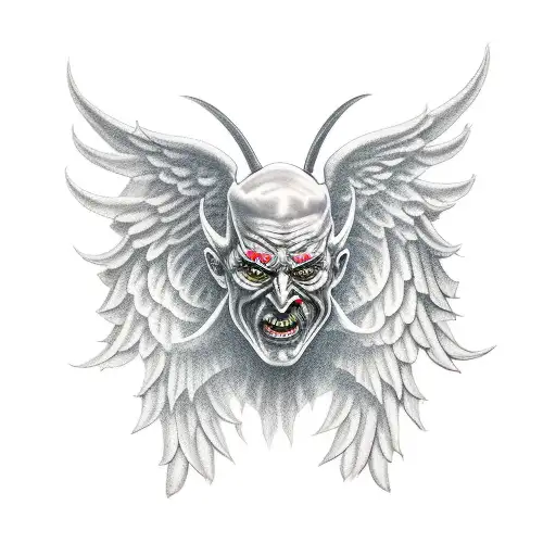 Devil Holding Angel Mask Full Standing Wings