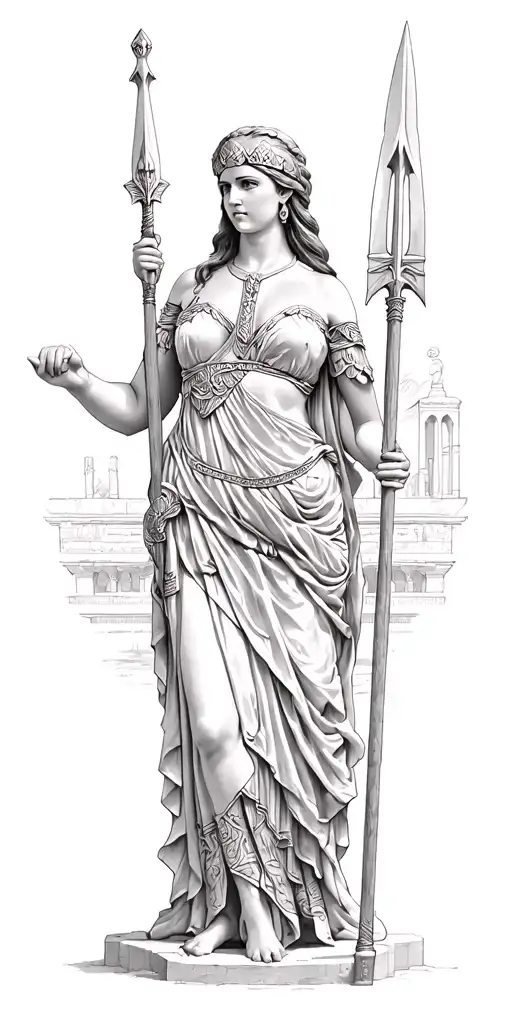 Goddess Athena With Her Spear And Temple Olimpo Com Philigraine