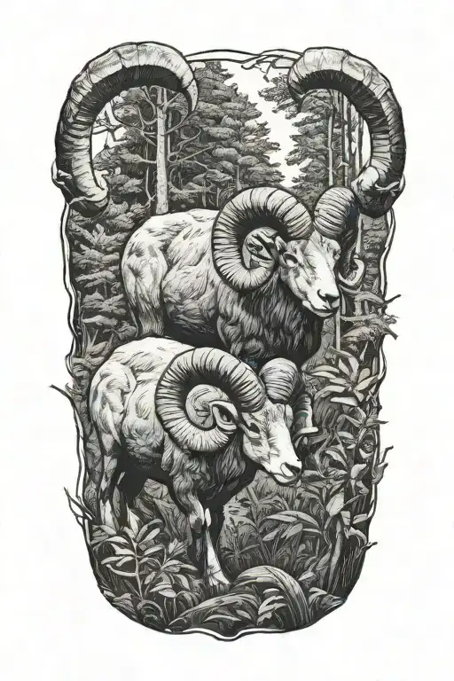 Two Rams In Forest Filled Looking Forward