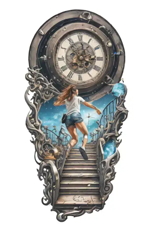 Life Is A Simulation Theory With Woman Running Up The Stairs To A Clock In The Universe