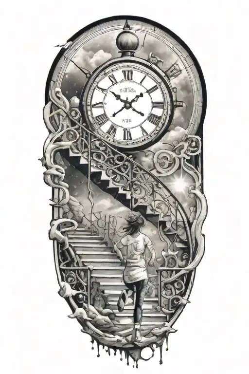 Life Is A Simulation Theory With Woman Running Up The Stairs To A Clock In The Universe