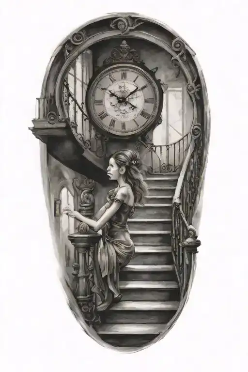 Life Is A Simulation Woman Whispers On A Staircase With A Clock