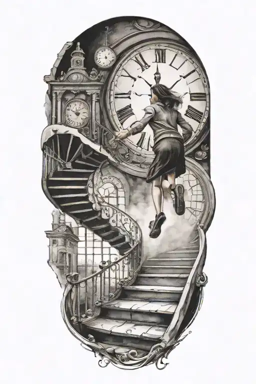 Life Is A Simulation Woman Running Up Never Ending Stairs With A Clock