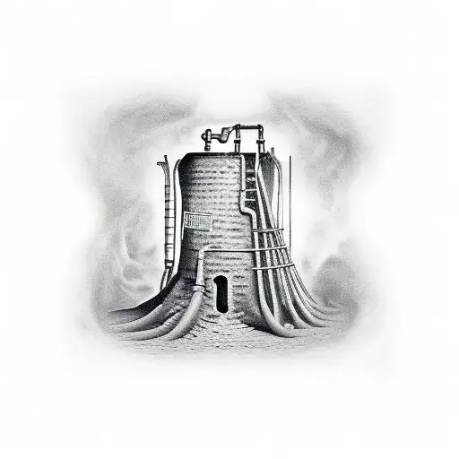 A Black And Grey Tattoo Of A Mine Shaft With Musical Instruments Hidden Within