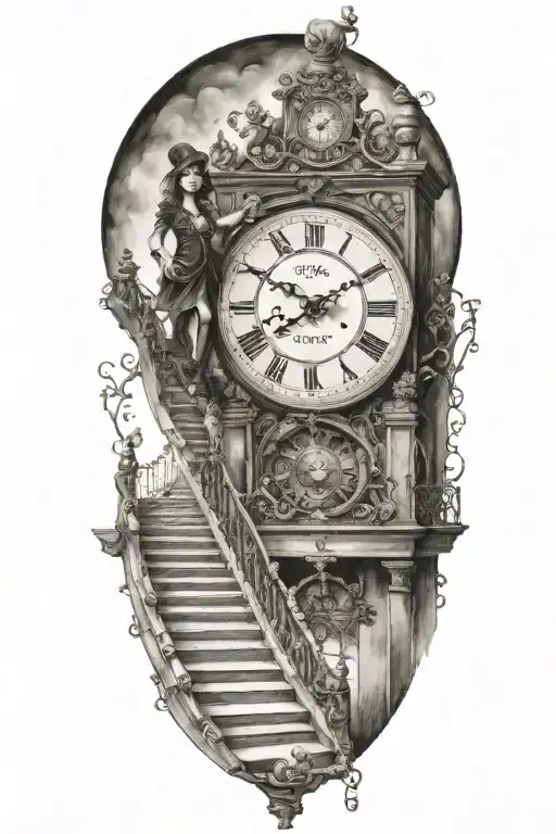 Puppet Master Controlling Woman Running Up Stairs To A Clock