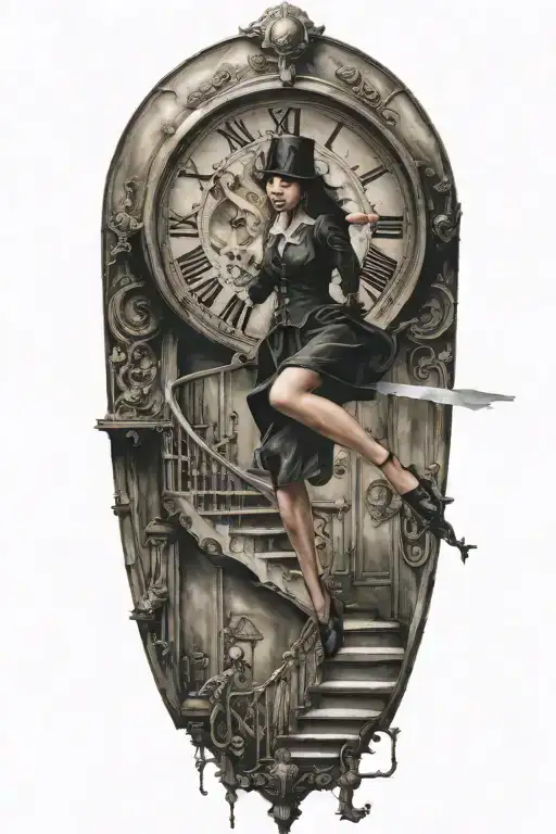 Puppet Master Controlling Woman Running Up Stairs To A Clock