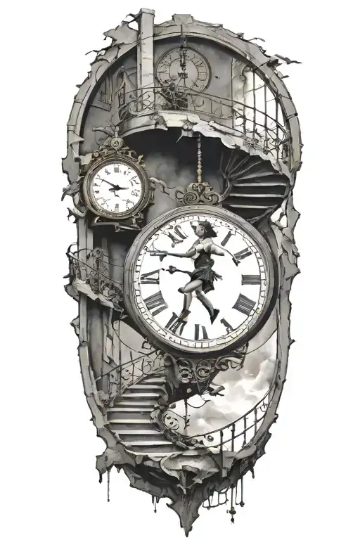 Strings Controlling A Woman Running Up Stairs To A Clock