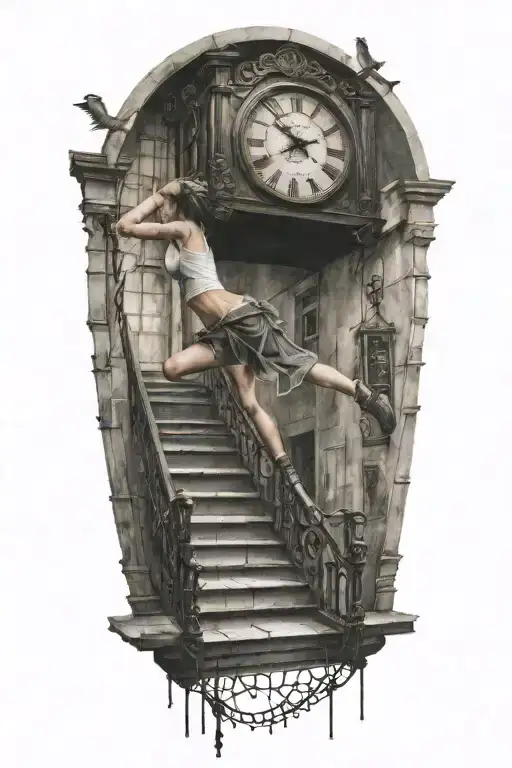 Strings Controlling A Woman Running Up Stairs To A Clock