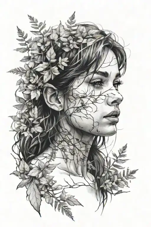 Sketch In Black And White Of A Girl's Face Surrounded By Forest