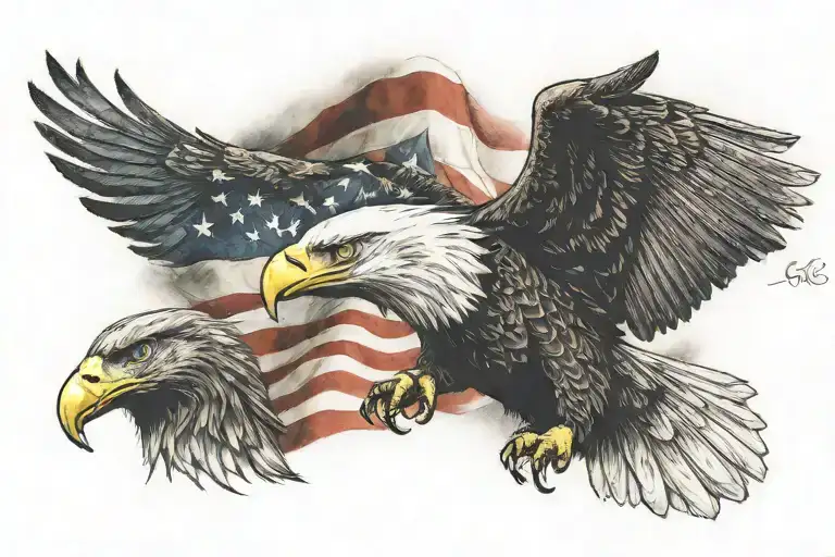 American Flag And Eagle Flying