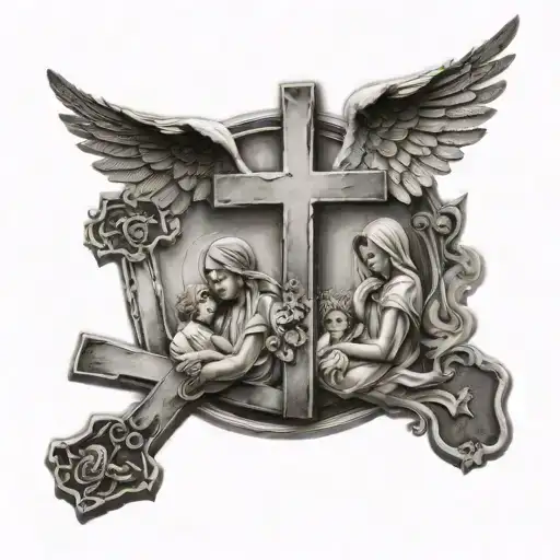 Four Crosses Names Of Family Born And Death Year Black And White With Angel Protecting Them