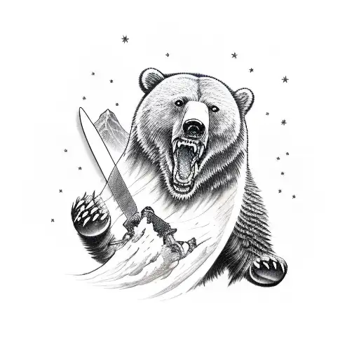 A Man Fighting A Bear With Sword And Mountains In The Background Tattoo