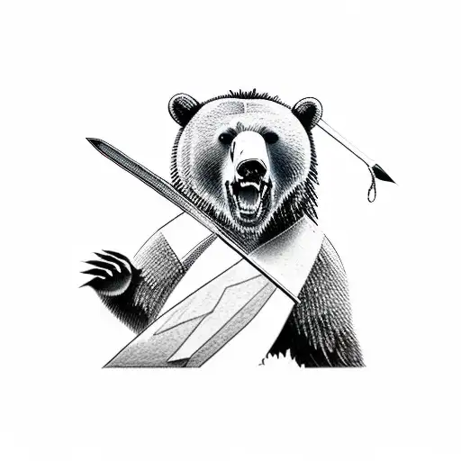 A Man Fighting A Bear With Sword And Mountains In The Background Tattoo