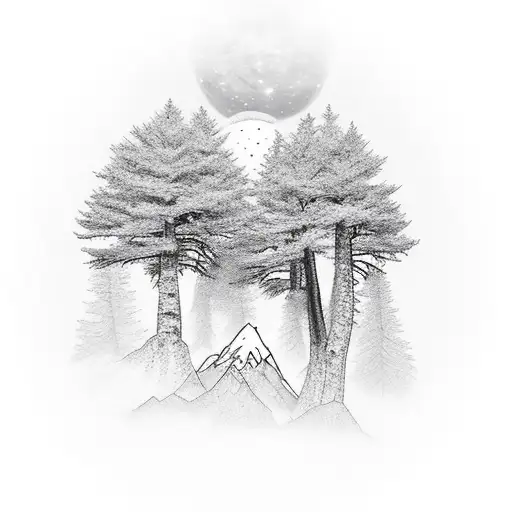 Trees With A Mountain With Space And Stars Above