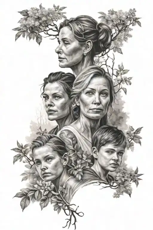 A Realistic Portrait Tattoo Of Your Wife And Children Surrounded By Nature Elements