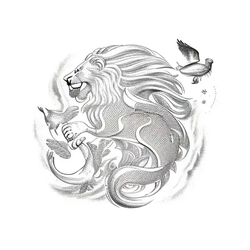 Lion In Background With White Doves Plus A Wave Underneath With A Fish Under The Wave And A Crab Tattoo