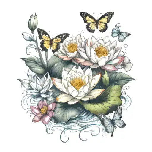 Water Lily And Butterflies Fluttering