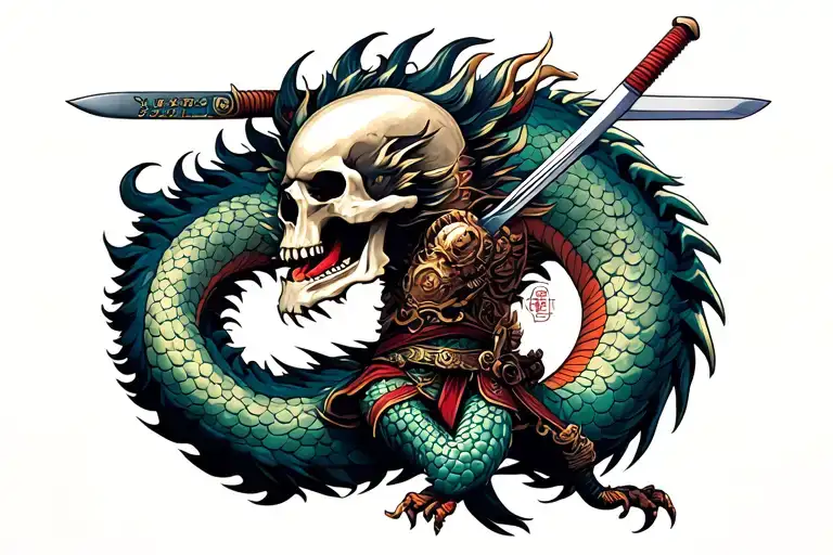 Japanese Skull Soldier With Sword On Top Of A Japanese Dragon Arm