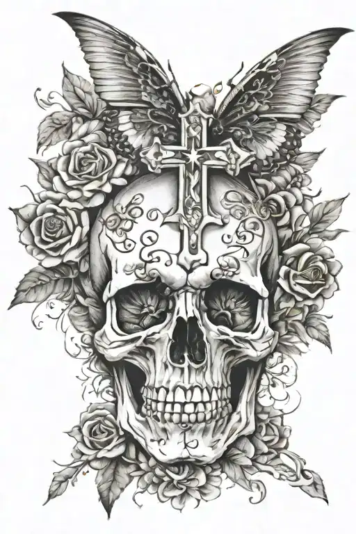 Cross And Flowers And Skull