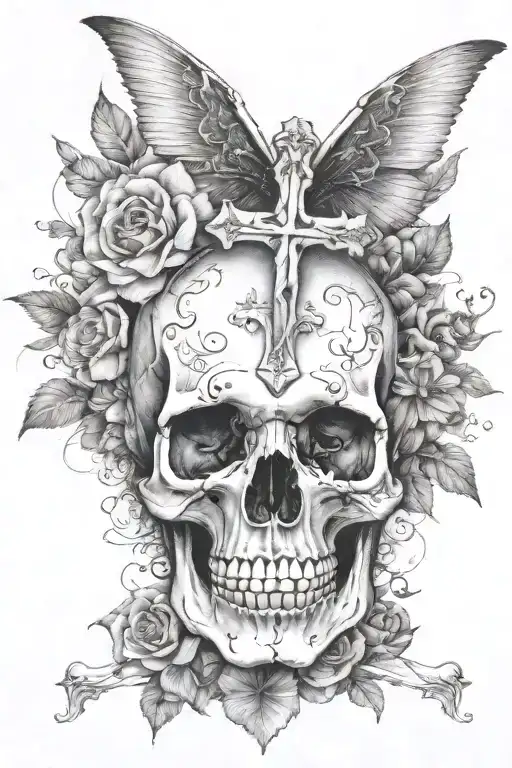 Cross And Flowers And Skull