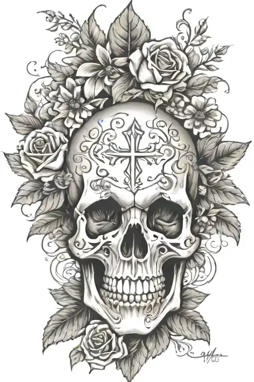Cross And Flowers And Skull