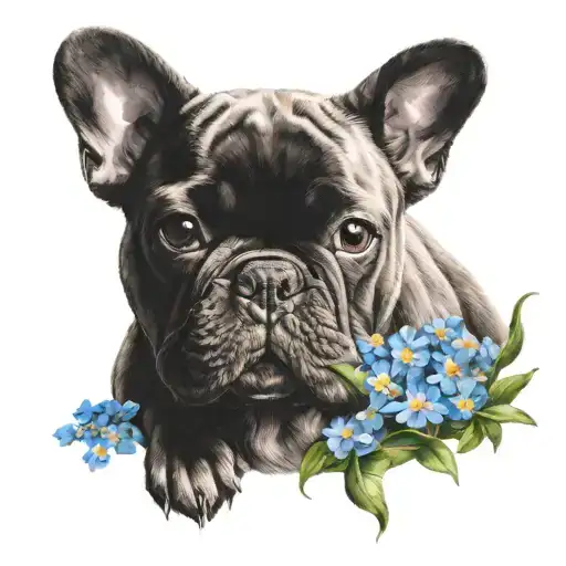 A Serene Portrait Of Bobby The French Bulldog Surrounded By Delicate Forget-me-not Flowers