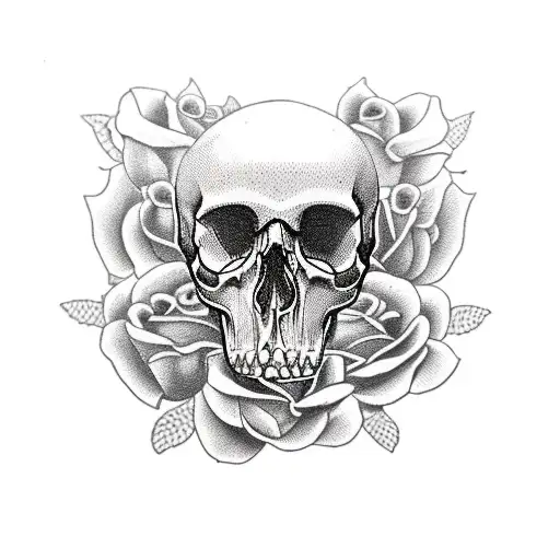 A Realistic Depiction Of A Skull And Roses With Intricate Details And Shading