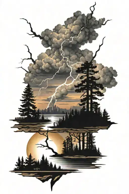 Lightning Bolt With Sunset Skyline With Pine Trees And A River
