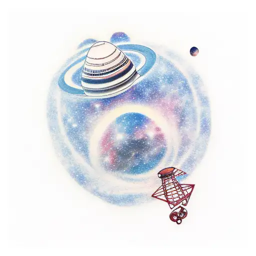 A Minimalist Tattoo Of A Galaxy With A Ufo Abducting A Shopping Cart